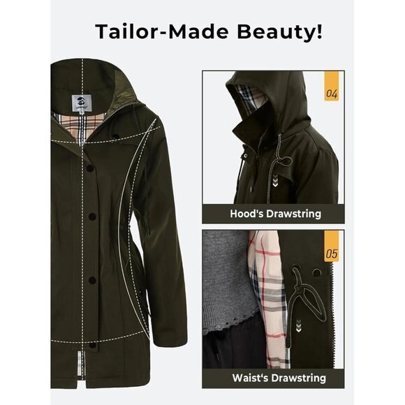 🆕Women's Army Green Waterproof Long Raincoat Windbreaker Jacket with Hood - Picture 6 of 7